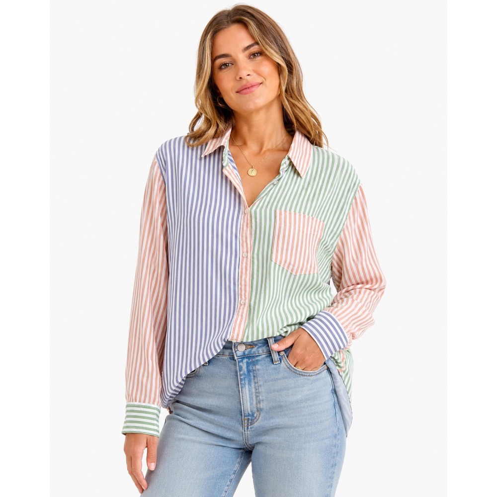 Aerie Coastal Grandmacore Colorblock Stripe button up Shirt Preppy Cottagecore S